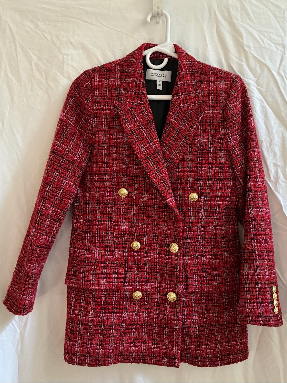 Derek Lam Red Tweed Double-Breasted Blazer with Gold Buttons